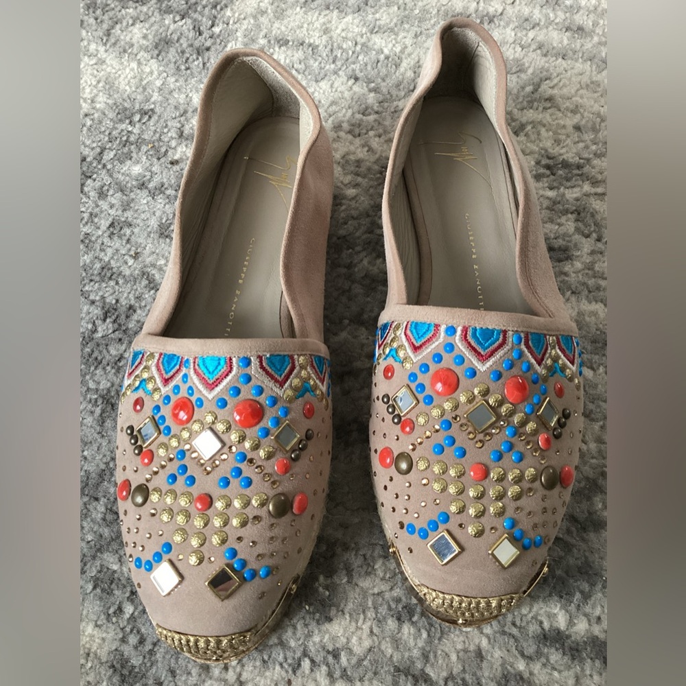 Giuseppe Zanotti Women's Embellished Leather Studded Espadrille Shoes Tan 37 US7